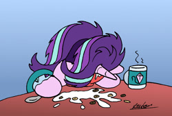 Size: 1024x691 | Tagged: safe, artist:bobthedalek, imported from derpibooru, starlight glimmer, pony, unicorn, atg 2022, bathrobe, bed mane, bowl, cereal, cheerios, clothes, faceplant, female, food, horn, kite, mare, milk, morning ponies, mug, newbie artist training grounds, pajamas, robe, solo, that pony sure does love kites, tired