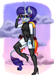 Size: 2826x4000 | Tagged: safe, artist:danthez, imported from derpibooru, rarity, anthro, unicorn, boots, breasts, clothes, cloud, female, flying, grin, high heels, horn, jetpack, leonine tail, leotard, requested art, shoes, sky, sky background, smiling, sunglasses, sunrise, tail, thigh boots