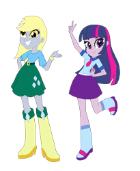 Size: 523x637 | Tagged: safe, artist:mariairini, imported from derpibooru, derpy hooves, twilight sparkle, human, equestria girls, belt, boots, clothes, duo, duo female, female, grin, high heel boots, shirt, shoes, simple background, skirt, smiling, transparent background