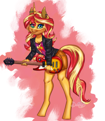 Size: 3482x4000 | Tagged: safe, artist:danthez, imported from derpibooru, sunset shimmer, anthro, human, unguligrade anthro, unicorn, equestria girls, breasts, electric guitar, guitar, high res, horn, looking at you, musical instrument, simple background, smiling, smiling at you