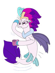 Size: 2448x3264 | Tagged: safe, artist:supahdonarudo, imported from derpibooru, queen novo, seapony (g4), my little pony: the movie, atg 2022, bloodshot eyes, coffee mug, cross-popping veins, exhausted, holding, mug, newbie artist training grounds, simple background, tired, transparent background