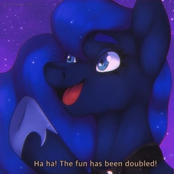 Size: 1278x1278 | Tagged: safe, artist:saltytangerine, imported from derpibooru, princess luna, alicorn, pony, luna eclipsed, fake screencap, female, happy, raised hoof, redraw, royalty, scene interpretation, smiling, solo, text, the fun has been doubled