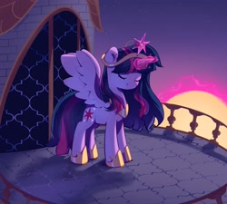 Size: 3902x3507 | Tagged: safe, artist:cherrnichka, imported from derpibooru, twilight sparkle, alicorn, pony, balcony, big crown thingy, element of magic, eyes closed, glowing, glowing horn, hoof shoes, horn, jewelry, morning, peytral, princess shoes, raising the sun, regalia, solo, sun, twilight (astronomy), twilight sparkle (alicorn)