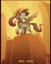 Size: 1440x1800 | Tagged: safe, artist:thenecrobalam, imported from derpibooru, oc, oc:tailcoatl, pegasus, pony, anniversary, aztec, helmet, mexico, nation ponies, ponified, redraw, smiling, solo, wings