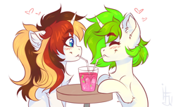 Size: 2048x1252 | Tagged: safe, artist:falafeljake, imported from derpibooru, oc, oc only, oc:scarlet serenade, oc:vinyl mix, pony, unicorn, blushing, chest fluff, couple, drink, drinking, ear fluff, eyes closed, happy, heart, ponytail, scarletmix, sharing a drink, simple background, table, white background