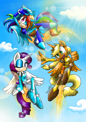 Size: 1280x1822 | Tagged: safe, artist:barbie--art, imported from derpibooru, applejack, rainbow dash, rarity, alicorn, anthro, alicornified, applecorn, clothes, cloud, flying, jetpack, leotard, looking at you, mobian, one eye closed, race swap, rainbowcorn, raricorn, sky, sky background, sonic the hedgehog (series), sonicified, wink, winking at you