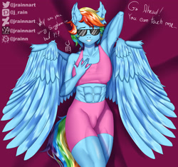 Size: 4185x3916 | Tagged: safe, alternate version, artist:jrainnart, imported from derpibooru, rainbow dash, anthro, pegasus, abs, bed, female, looking at you, smiling, smiling at you, solo, spread wings, sunglasses, wings