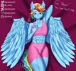 Size: 4185x3916 | Tagged: safe, alternate version, artist:jrainnart, imported from derpibooru, rainbow dash, anthro, pegasus, abs, bed, female, looking at you, smiling, smiling at you, solo, spread wings, wings