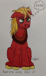 Size: 2297x3806 | Tagged: safe, artist:rapidsnap, imported from derpibooru, big macintosh, earth pony, pony, atg 2022, bags under eyes, exhausted, floppy ears, lidded eyes, male, messy mane, newbie artist training grounds, onomatopoeia, simple background, solo, sound effects, stallion, thought bubble, tired, traditional art, white background, zzz