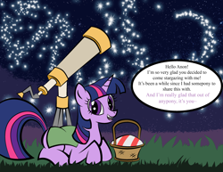 Size: 3542x2729 | Tagged: safe, artist:vareb, imported from derpibooru, twilight sparkle, alicorn, pony, unicorn, cute, date, implied anon, looking at you, outdoors, picnic, picnic blanket, purple eyes, smiling, solo, stargazing, stars, talking to viewer, telescope, waifu