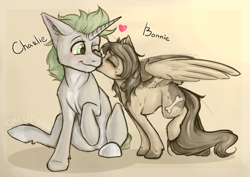 Size: 1187x839 | Tagged: safe, artist:cheshchesh, imported from twibooru, oc, oc:bonnie, oc:charlie, pegasus, pony, unicorn, blushing, eyes closed, female, heart, husband and wife, image, male, png, spread wings, wings