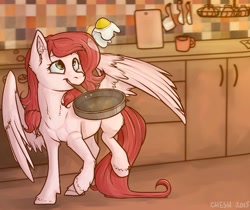 Size: 1064x893 | Tagged: safe, artist:cheshchesh, imported from twibooru, oc, oc only, pegasus, pony, cooking, cute, female, fried egg, frying pan, image, kitchen, looking at something, mare, mouth hold, needs more jpeg, raised leg, spread wings, wings