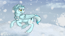 Size: 1280x720 | Tagged: safe, artist:cheshchesh, imported from twibooru, oc, oc only, pegasus, pony, clothes, folded wings, hat, image, looking back, male, png, rearing, scarf, snow, stallion, wings