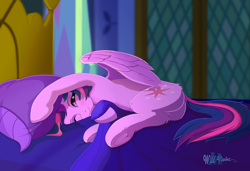 Size: 2190x1495 | Tagged: safe, artist:wildviolet-m, edit, imported from twibooru, twilight sparkle, pegasus, pony, armpits, bed, bedsheets, cute, female, hornless edit, image, looking at you, mare, morning ponies, one eye closed, pegasus twilight sparkle, pillow, png, race swap, solo, twiabetes, twilight's castle, underhoof