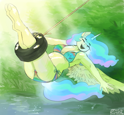 Size: 2700x2505 | Tagged: safe, artist:the-minuscule-task, imported from twibooru, princess celestia, rainbow dash, alicorn, anthro, unguligrade anthro, bikini, clothes, ethereal mane, ethereal tail, happy, having fun, image, lake, leaning back, open mouth, paywalled source, png, rainbow dash bikini, rope, solo, spread wings, sunlight, swimsuit, swing, swinging, tire swing, water, wings