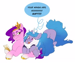 Size: 2604x2167 | Tagged: safe, artist:aztrial, imported from derpibooru, izzy moonbow, pipp petals, pegasus, pony, unicorn, blushing, bracelet, cellphone, coat markings, dialogue, duo, duo female, female, fluffy, friendship bracelet, g5, headband, horn, jewelry, mare, onomatopoeia, phone, photo, pipp petals is not amused, rubbing, simple background, smartphone, socks (coat markings), soft, sparkles, speech bubble, unamused, unshorn fetlocks, white background, wing fluff, wings