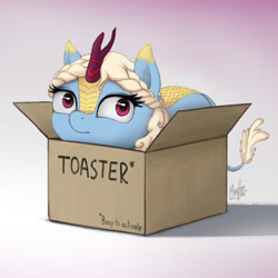 Size: 640x640 | Tagged: safe, artist:magfen, imported from twibooru, oc, oc only, kirin, behaving like a cat, box, gradient background, if i fits i sits, image, mundane utility, needs more jpeg, quadrupedal, signature, solo