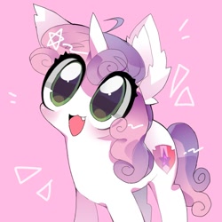 Size: 768x768 | Tagged: safe, artist:patoriotto, artist:petoriotto, imported from derpibooru, sweetie belle, pony, unicorn, cute, cute little fangs, diasweetes, ear fluff, emanata, fangs, female, horn, no nose, open mouth, open smile, pink background, simple background, smiling, solo, stars