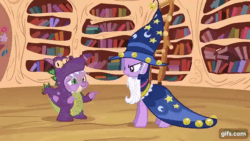 Size: 640x360 | Tagged: safe, imported from derpibooru, screencap, spike, twilight sparkle, dragon, pony, unicorn, luna eclipsed, season 2, animated, duo, female, gif, gifs.com, golden oaks library, male, mare, smiling, spinning, star swirl the bearded costume, unicorn twilight