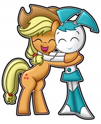 Size: 1351x1661 | Tagged: artist needed, safe, imported from derpibooru, applejack, earth pony, pony, robot, bipedal, crossover, duo, duo female, eyes closed, female, happy, hug, jenny wakeman, mare, my life as a teenage robot, open mouth, open smile, simple background, smiling, white background