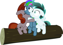 Size: 3759x2656 | Tagged: safe, artist:frownfactory, edit, editor:fauli1221, editor:funny jo, imported from derpibooru, vector edit, oc, oc only, oc:fauli1221, oc:funny jo, oc:light jet, earth pony, pegasus, pony, unicorn, sleepless in ponyville, .svg available, eyes closed, female, filly, floppy ears, foal, horn, hug, log, recolor, scared, simple background, svg, transparent background, trio, vector, wings