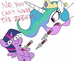 Size: 2400x2000 | Tagged: safe, artist:datte-before-dawn, princess celestia, twilight sparkle, alicorn, pony, angry, crying, dialogue, female, horn, kunai, mare, open mouth, simple background, stabbing, twiggie, weapon, white background, wings