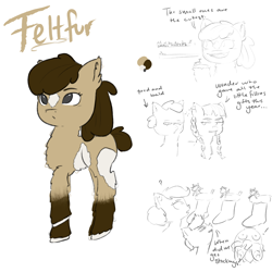 Size: 1500x1500 | Tagged: safe, artist:anonymous, oc, oc only, oc:feltfur, pony, bald, christmas, christmas stocking, colt, dialogue, female, filly, holiday, male, mare, reference sheet, shaved, snowpony (species), stallion, star (coat marking), taiga pony