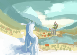 Size: 2715x1920 | Tagged: safe, artist:anonymous, autumn blaze, oc, oc:cirrus wisp, kirin, pony, drawthread, duo, female, looking at each other, mare, mountain, painting, river, snow, snowpony (species), taiga pony