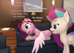 Size: 1508x1080 | Tagged: safe, artist:red4567, imported from derpibooru, pipp petals, zipp storm, pegasus, pony, 3d, atg 2022, cellphone, dialogue, duo, duo female, female, g5, lamp, lying down, mare, newbie artist training grounds, phone, royal sisters (g5), sibling teasing, siblings, sisters, sisters being sisters, smartphone, smug, source filmmaker, tired