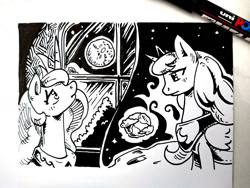 Size: 1400x1050 | Tagged: safe, artist:lexx2dot0, imported from derpibooru, princess celestia, princess luna, alicorn, pony, black and white, grayscale, mare in the moon, monochrome, moon, on the moon, planet, traditional art, window