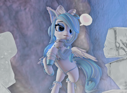 Size: 2909x2119 | Tagged: safe, imported from derpibooru, oc, oc:musicora melody, pegasus, pony, 3d, bikini, blue, cave, clothes, collar, ice, jewelry, necklace, open pony, ribbon, second life, solo, speech bubble, standing on two hooves, swimsuit, unshorn fetlocks