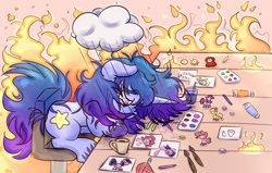 Size: 2000x1269 | Tagged: safe, artist:nedemai, imported from derpibooru, oc, oc:nedi, pony, unicorn, atg 2022, cloud, fire, mug, newbie artist training grounds, paint, paintbrush, rain, solo, table, tired