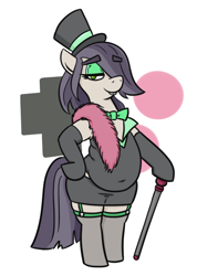 Size: 446x626 | Tagged: safe, artist:jargon scott, imported from derpibooru, oc, oc only, oc:dot matrix, earth pony, pony, bipedal, bowtie, bucktooth, cane, chubby, clothes, evening gloves, eyebrows, eyebrows visible through hair, eyeshadow, fat, feather boa, female, garter belt, garter straps, gloves, hair over one eye, hat, hoof on hip, long gloves, looking at you, makeup, mare, simple background, solo, stockings, thigh highs, top hat, white background