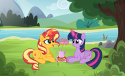 Size: 8000x4870 | Tagged: safe, artist:n0kkun, imported from derpibooru, sunset shimmer, twilight sparkle, alicorn, pony, unicorn, equestria girls, bush, cup, cute, duo, female, food, glowing, glowing horn, grass, horn, levitation, magic, mare, picnic, shimmerbetes, tea, teacup, teapot, telekinesis, tree, twiabetes, twilight sparkle (alicorn)