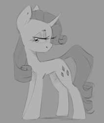 Size: 884x1043 | Tagged: safe, artist:melodylibris, imported from derpibooru, rarity, pony, unicorn, bedroom eyes, eyeshadow, female, gray background, grayscale, looking back, makeup, mare, monochrome, simple background, smiling, solo, turned head