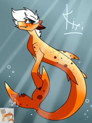 Size: 767x1024 | Tagged: safe, artist:gg73e, imported from derpibooru, oc, oc only, merpony, seapony (g4), blushing, bubble, crepuscular rays, dorsal fin, fins, fish tail, freckles, male, ocean, signature, smiling, solo, sunlight, swimming, tail, underwater, water, white mane