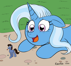 Size: 3216x3000 | Tagged: safe, artist:microjayva, imported from derpibooru, trixie, oc, pony, unicorn, canon x oc, floppy ears, flower, happy, heart, micro, mouth hold, rose, smiling