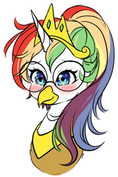 Size: 1280x1900 | Tagged: safe, artist:torihime, imported from derpibooru, oc, oc only, oc:rainbow feather, griffon, blushing, glasses, grifficorn, griffon oc, interspecies offspring, magical lesbian spawn, offspring, parent:gilda, parent:rainbow dash, parents:gildash, princess, simple background, solo, transparent background