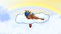 Size: 3840x2160 | Tagged: safe, artist:hiddelgreyk, imported from derpibooru, oc, oc only, pegasus, pony, blue mane, brown coat, cloud, looking at you, lying down, lying on a cloud, on a cloud, pegasus oc, rainbow, spread wings, wings