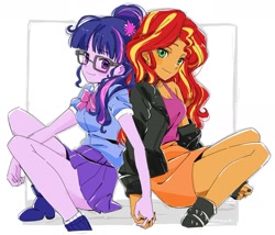 Size: 1805x1543 | Tagged: safe, artist:5mmumm5, imported from derpibooru, sci-twi, sunset shimmer, twilight sparkle, human, equestria girls, clothes, duo, duo female, female, glasses, holding hands, jacket, leather, leather jacket, legs, lesbian, looking at each other, looking at someone, ponytail, scitwishimmer, shipping, shoes, simple background, skirt, smiling, smiling at each other, sunsetsparkle, tanktop, white background