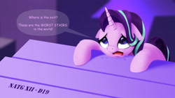 Size: 1920x1080 | Tagged: safe, artist:darksly, imported from derpibooru, starlight glimmer, pony, unicorn, atg 2022, female, floppy ears, horn, mare, newbie artist training grounds, open mouth, solo, speech bubble, stairs, sweat