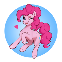 Size: 2808x2808 | Tagged: safe, artist:aquaticvibes, imported from derpibooru, pinkie pie, earth pony, pony, circle background, cute, diapinkes, female, gradient background, heart, looking at you, mare, one eye closed, open mouth, open smile, smiling, smiling at you, solo, wink, winking at you