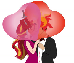 Size: 1280x1089 | Tagged: safe, artist:hakdurbin, imported from derpibooru, sunset shimmer, oc, oc:rough draft, human, balloon, clothes, cute, daaaaaaaaaaaw, dress, heart balloon, humanized, kissing, romantic, simple background, suit, white background