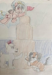 Size: 1170x1673 | Tagged: safe, artist:powerpup97, imported from derpibooru, cozy glow, dog, pegasus, pony, crossover, disney, fifi (disney), paw patrol, sandcastle, sweetie (paw patrol), traditional art