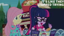 Size: 1280x720 | Tagged: safe, edit, edited screencap, editor:quoterific, imported from derpibooru, screencap, fluttershy, sci-twi, twilight sparkle, human, equestria girls, equestria girls series, lost and pound, spoiler:choose your own ending (season 2), spoiler:eqg series (season 2), duo focus, eyebrows, female, frown, geode of fauna, glasses, lidded eyes, magical geodes, male, open mouth, open smile, ponytail, smiling, text