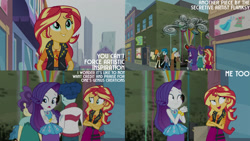 Size: 1280x720 | Tagged: safe, edit, edited screencap, editor:quoterific, imported from derpibooru, screencap, curly winds, rarity, scribble dee, some blue guy, sunset shimmer, human, display of affection, equestria girls, equestria girls series, bracelet, clothes, crossed arms, cutie mark on clothes, female, geode of empathy, geode of shielding, hairpin, jewelry, leather, leather vest, magical geodes, male, necklace, open mouth, open smile, rarity peplum dress, smiling, text, vest