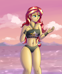 Size: 1600x1900 | Tagged: safe, artist:zachc, imported from derpibooru, sunset shimmer, human, equestria girls, bare shoulders, belly button, bikini, breasts, clothes, eyebrows, female, legs, sleeveless, smiling, solo, sunset shimmer's beach shorts swimsuit, swimsuit