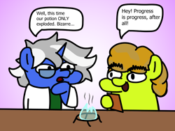 Size: 1024x768 | Tagged: safe, artist:fluttershank, imported from derpibooru, oc, oc:up beet, oc:weird science, earth pony, unicorn, beaker, broken glass, clipboard, clothes, dialogue, experiment, glasses, lab coat, squatpony