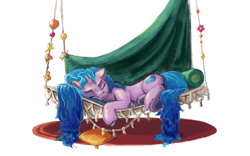 Size: 1280x800 | Tagged: safe, artist:da-exile, imported from derpibooru, izzy moonbow, pony, unicorn, atg 2022, female, g5, hammock, mare, newbie artist training grounds, pillow, simple background, sleeping, solo, white background