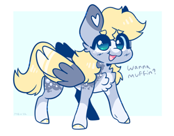 Size: 2321x1809 | Tagged: safe, artist:moccabliss, imported from derpibooru, derpy hooves, pony, alternate design, alternate eye color, chest fluff, chibi, colored wings, dialogue, eye color change, eyebrows, eyebrows visible through hair, happy, palindrome get, smiling, solo, two toned wings, wings